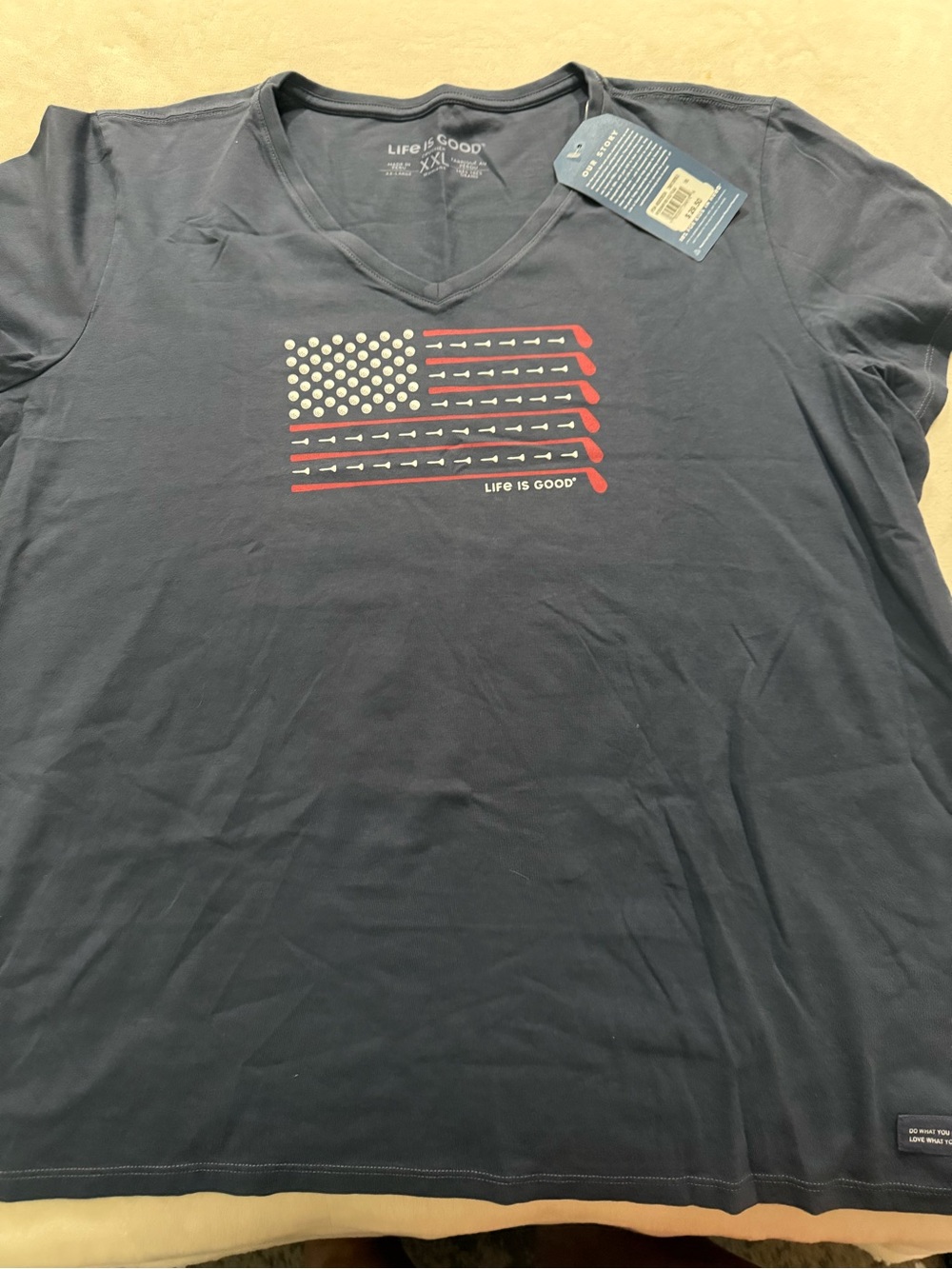 Life is Good Crusher Golf Clubs Flag V-neck Tee Womens XXL Blue D78